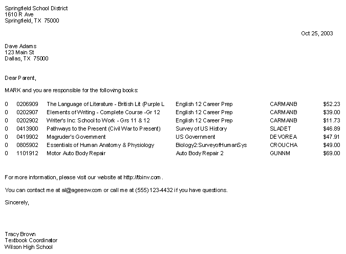 Notify parents of responsibility for textbooks