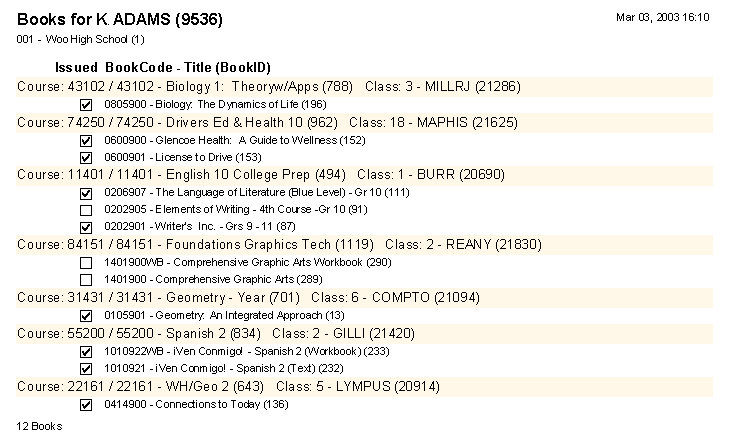 Textbook inventory at student level
